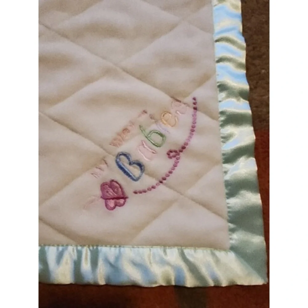 My Way Babies White Plush Baby Security Blanket w Green Satin Edge‎ Some Stains